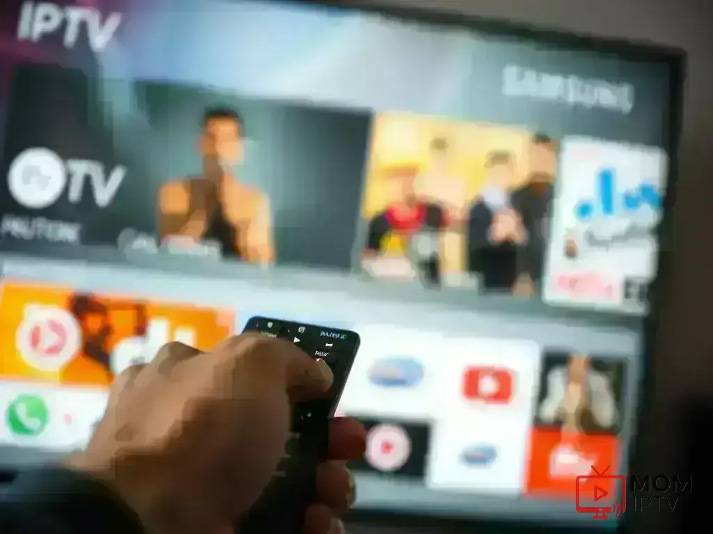 Smart TV IPTV Setup - Remote control pointing to IPTV app on Samsung TV screen